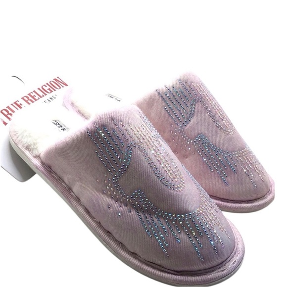 True Religion Womens Pink Denim Sparkle Rhinestone Faux Fur House Slippers - Picture 5 of 7